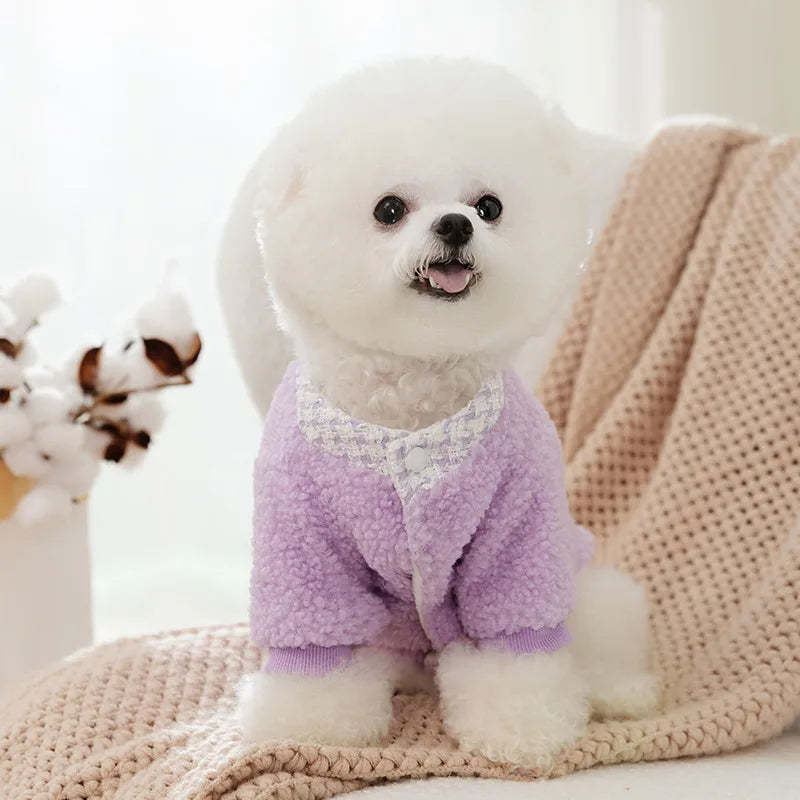 Pearl Buckle Pet Winter Clothing Purple Bear Two Legged Clothes Puppy Warm Cardigan Dog Autumn Clothing