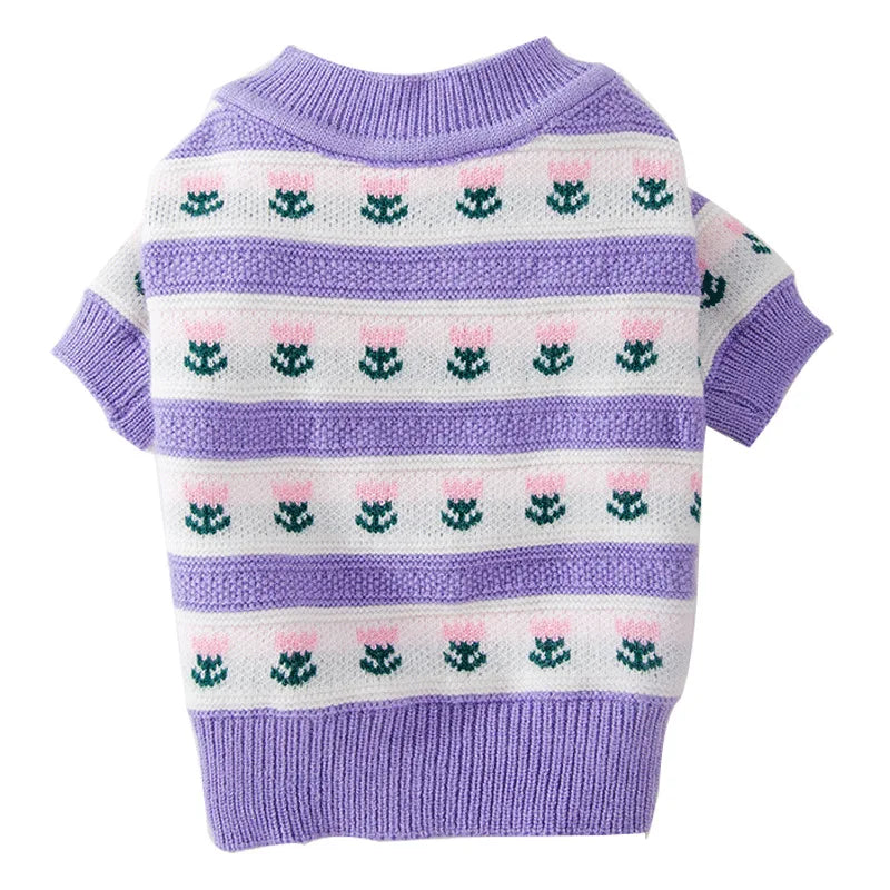 Dog Pet Clothing Tulip Knit Sweaters for Dogs Clothes Cat Small Flower Print Cute Winter Purple Warm Girl Yorkshire Accessories