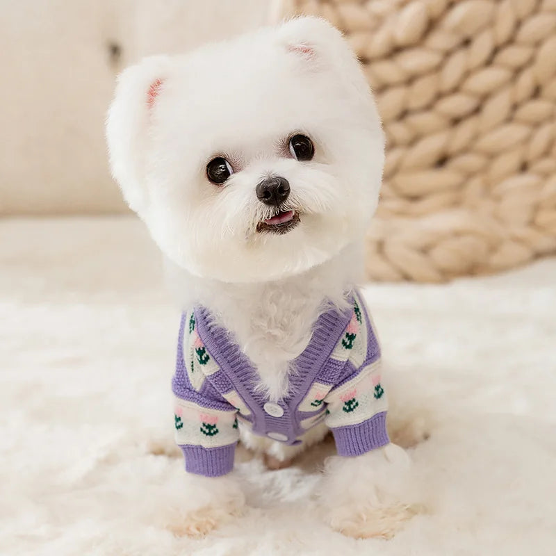 Dog Pet Clothing Tulip Knit Sweaters for Dogs Clothes Cat Small Flower Print Cute Winter Purple Warm Girl Yorkshire Accessories