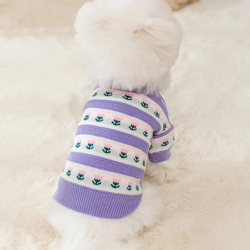 Dog Pet Clothing Tulip Knit Sweaters for Dogs Clothes Cat Small Flower Print Cute Winter Purple Warm Girl Yorkshire Accessories