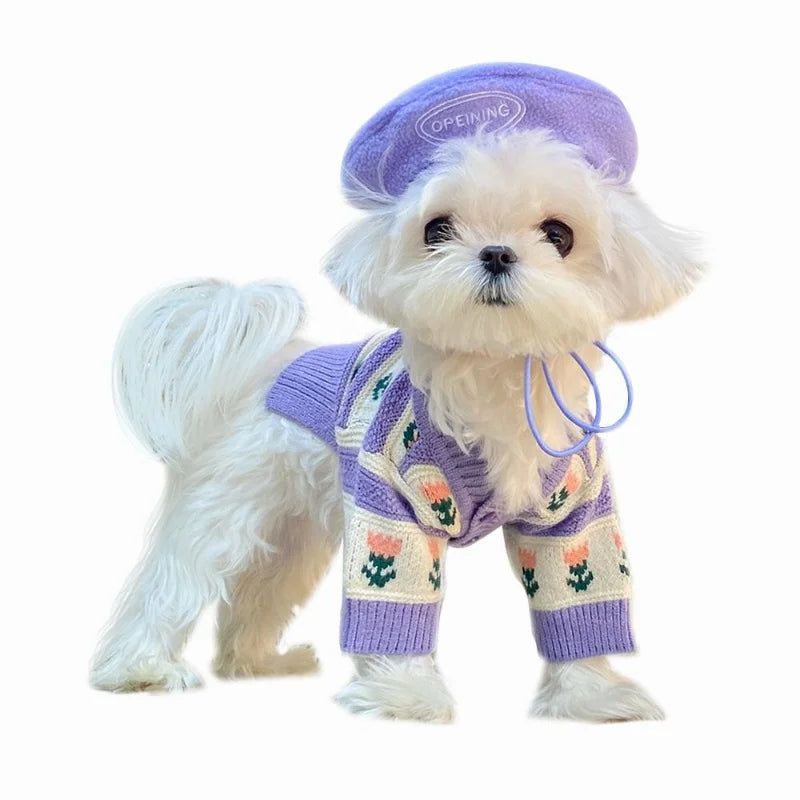 Flower Knitted Sweater Pet Dog Clothes Cardigan Purple Dogs Clothing Cat Warm Print Cute Cotton Autumn Winter Girl Chihuahua