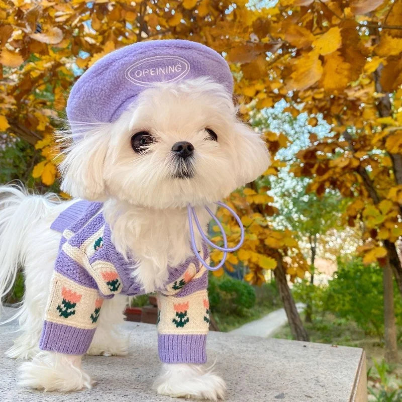 Flower Knitted Sweater Pet Dog Clothes Cardigan Purple Dogs Clothing Cat Warm Print Cute Cotton Autumn Winter Girl Chihuahua