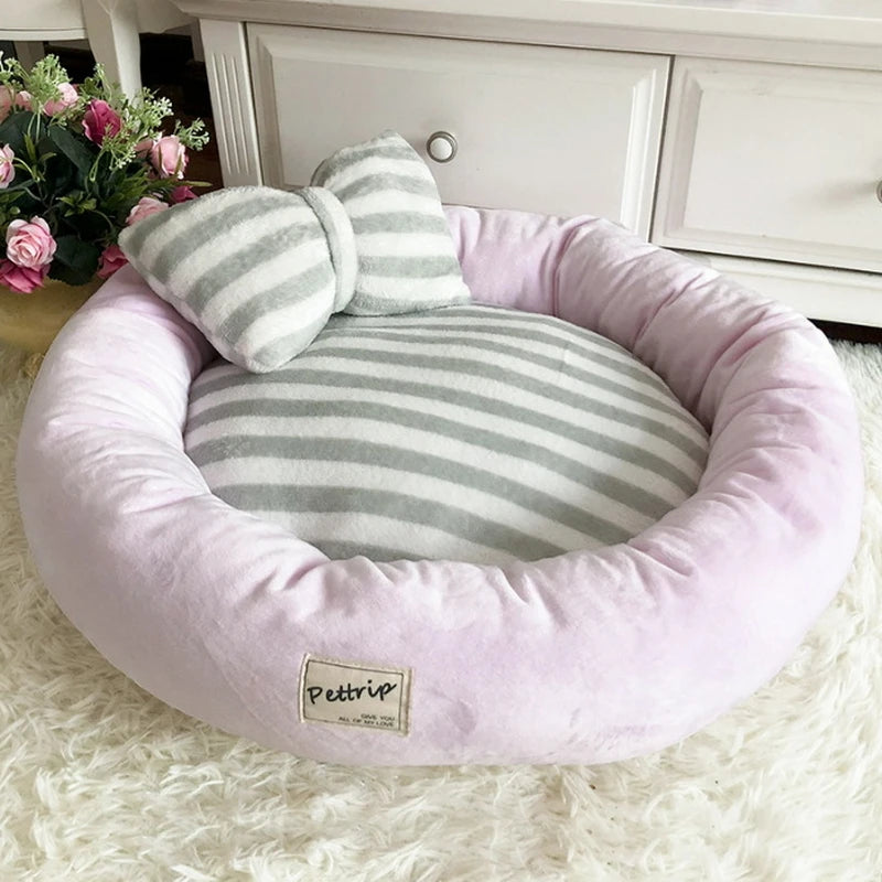 Autumn Winter Pet Nest Striped Crystal Velvet Round Nest Pink Purple Blue Soft and Warm Cat and Dog Nest Sending Pillows