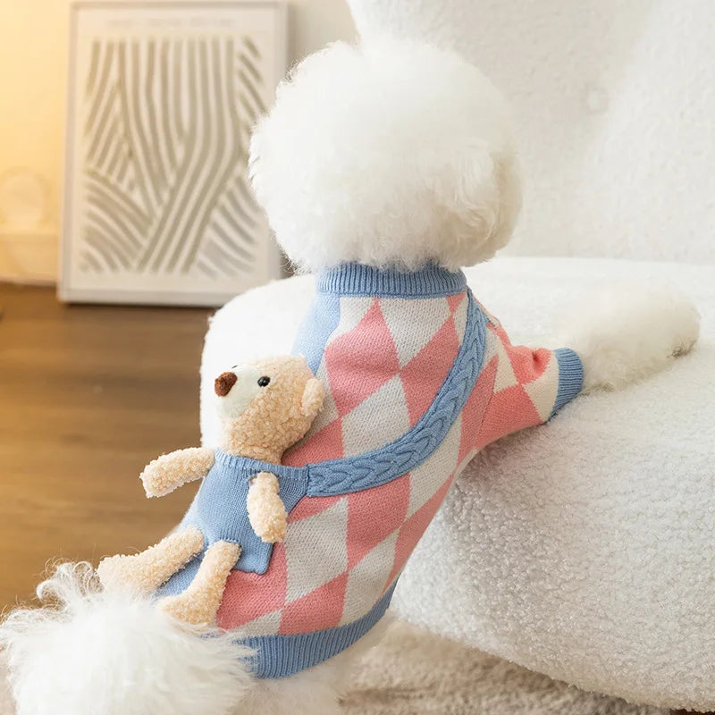 Thick Warm Korean Style Dog Sweater Blue Purple Pocket and Bear Pattern Pet Cat Dog Clothes for Autumn and Winter