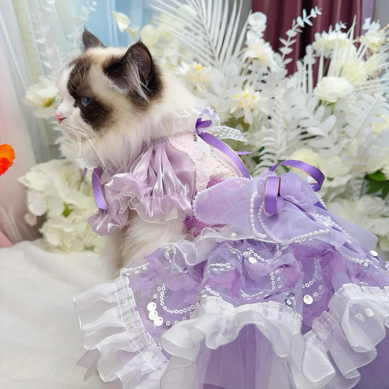 Spring Summer Puppy Dog Outfits Purple Green Soft Hollow Lace Bow Princess Dress For Small Medium Dog Chihuahua Pet Dog Clothes
