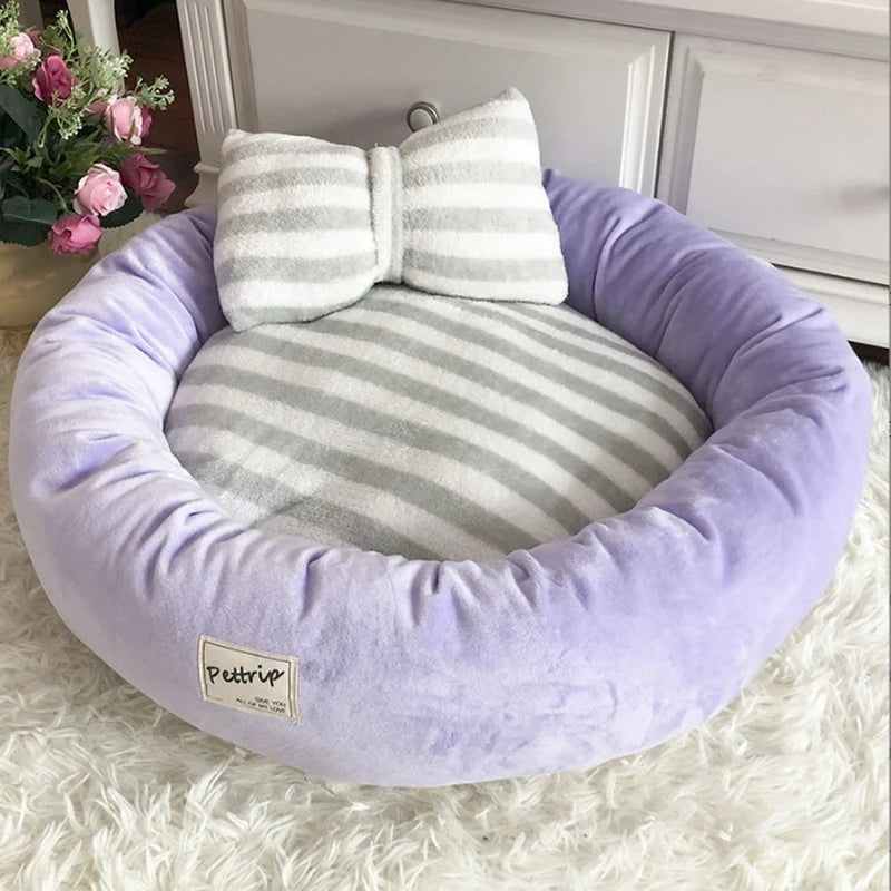 Autumn Winter Pet Nest Striped Crystal Velvet Round Nest Pink Purple Blue Soft and Warm Cat and Dog Nest Sending Pillows