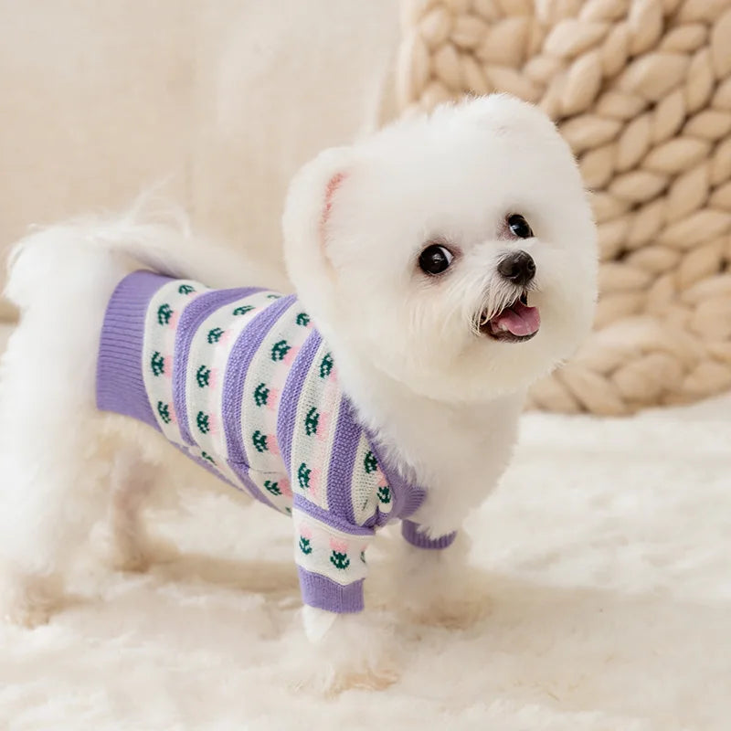 Dog Pet Clothing Tulip Knit Sweaters for Dogs Clothes Cat Small Flower Print Cute Winter Purple Warm Girl Yorkshire Accessories
