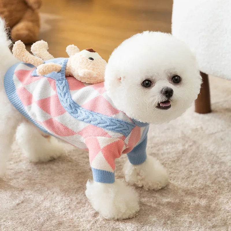 Thick Warm Korean Style Dog Sweater Blue Purple Pocket and Bear Pattern Pet Cat Dog Clothes for Autumn and Winter