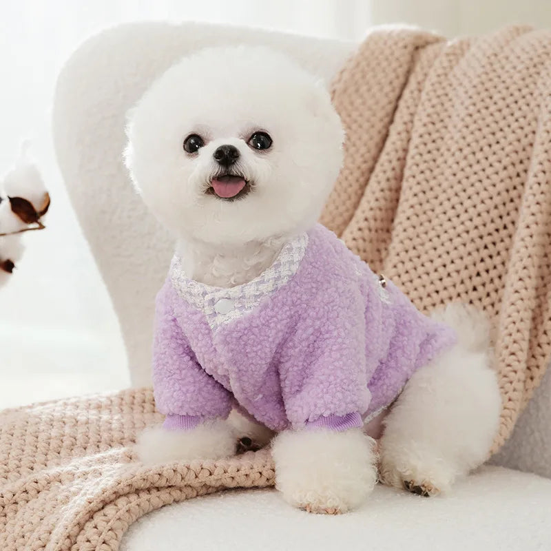 Pearl Buckle Pet Winter Clothing Purple Bear Two Legged Clothes Puppy Warm Cardigan Dog Autumn Clothing
