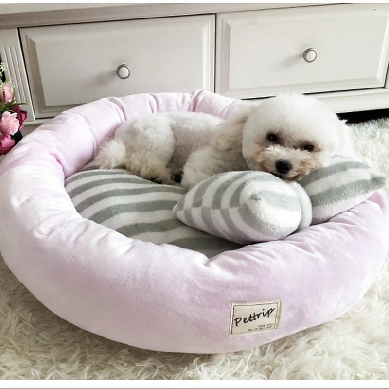 Autumn Winter Pet Nest Striped Crystal Velvet Round Nest Pink Purple Blue Soft and Warm Cat and Dog Nest Sending Pillows
