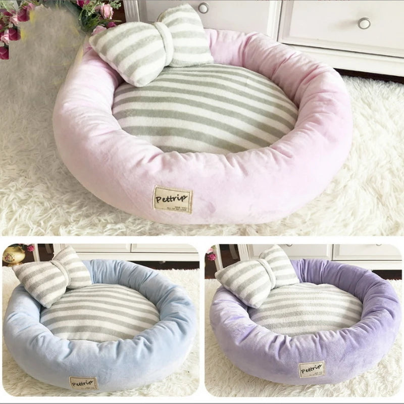 Autumn Winter Pet Nest Striped Crystal Velvet Round Nest Pink Purple Blue Soft and Warm Cat and Dog Nest Sending Pillows