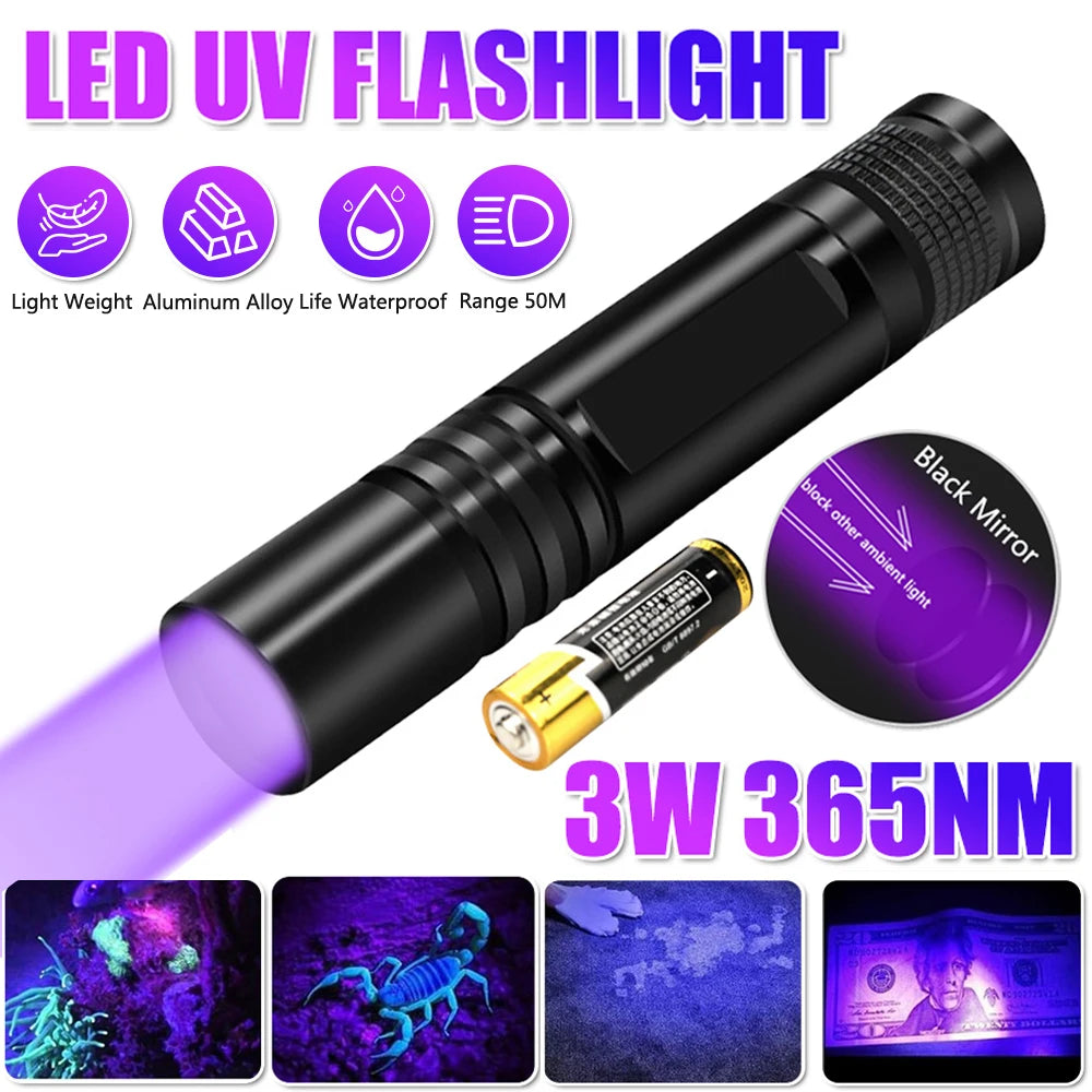 3W Mini UV Flashlight BlackLight Handheld 365nm Ultraviolet Torch UV Lamp Pet Urine Banknote Resin Curing Detector By AA Battery
