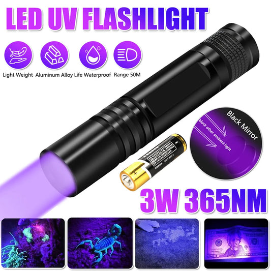 3W Mini UV Flashlight BlackLight Handheld 365nm Ultraviolet Torch UV Lamp Pet Urine Banknote Resin Curing Detector By AA Battery