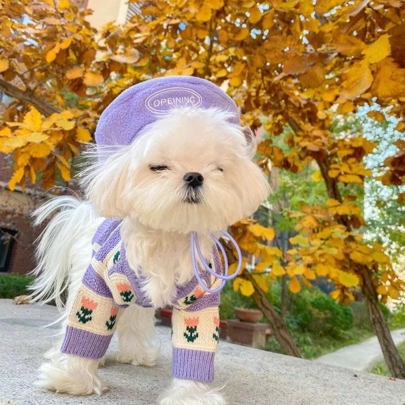 Flower Knitted Sweater Pet Dog Clothes Cardigan Purple Dogs Clothing Cat Warm Print Cute Cotton Autumn Winter Girl Chihuahua