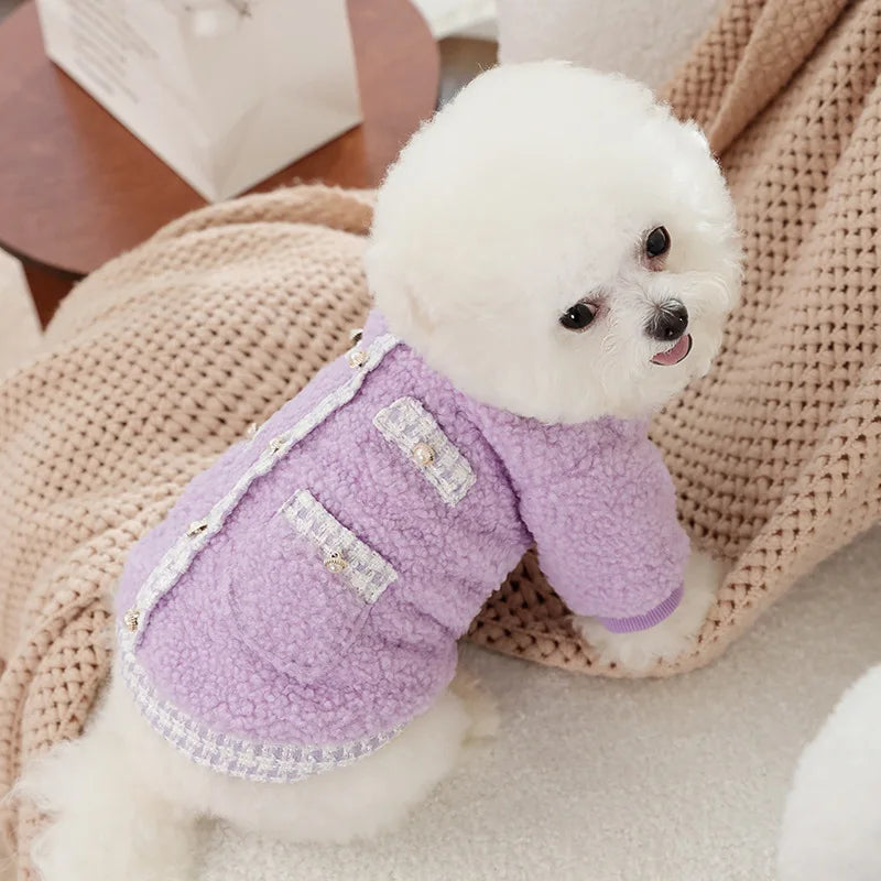 Pearl Buckle Pet Winter Clothing Purple Bear Two Legged Clothes Puppy Warm Cardigan Dog Autumn Clothing