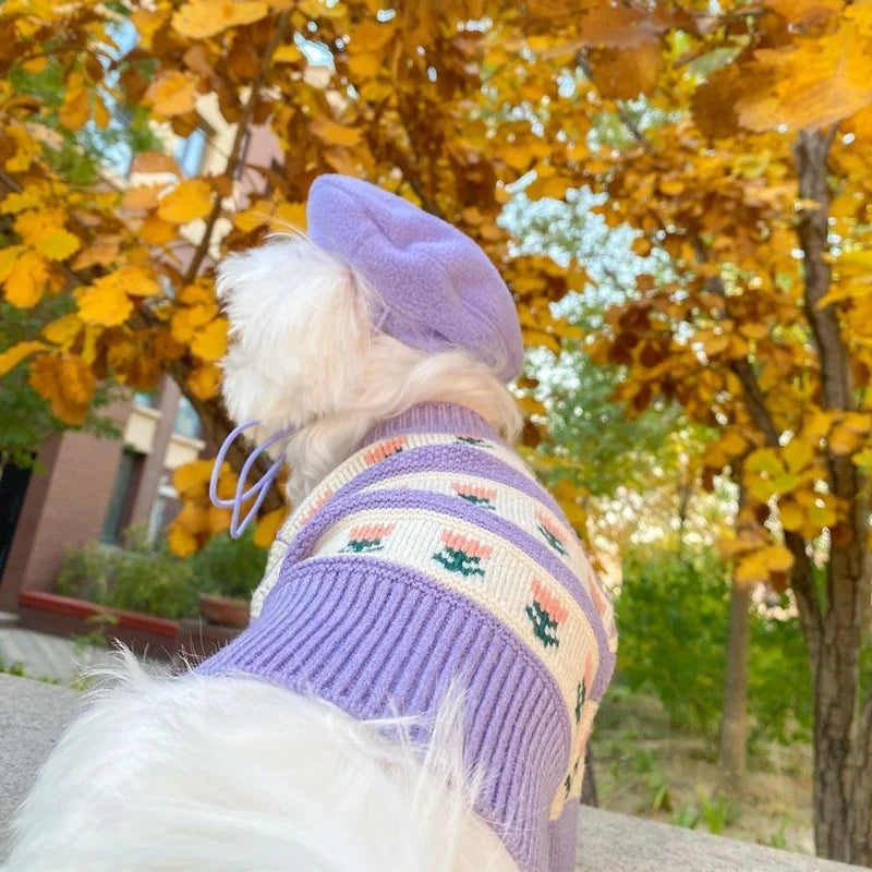 Flower Knitted Sweater Pet Dog Clothes Cardigan Purple Dogs Clothing Cat Warm Print Cute Cotton Autumn Winter Girl Chihuahua