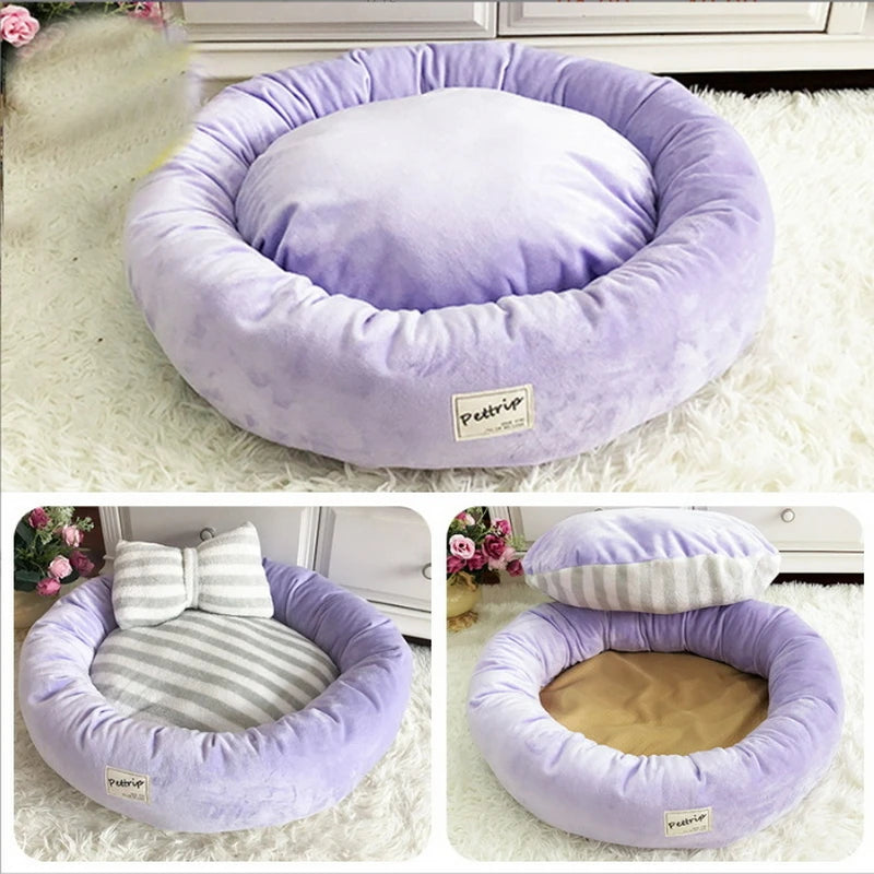 Autumn Winter Pet Nest Striped Crystal Velvet Round Nest Pink Purple Blue Soft and Warm Cat and Dog Nest Sending Pillows