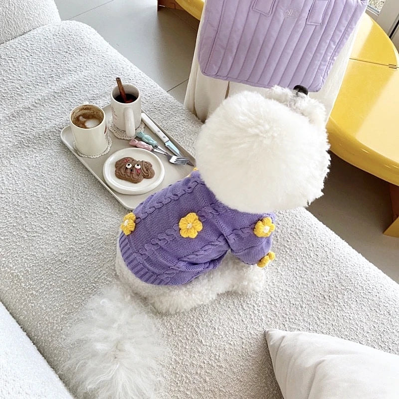 Warm Flower Dog Clothes Fashion Purple Dog Clothes Pet Sweaters Autumn Dog Warm Clothes Teddy Knits Softer than Bears Sweaters