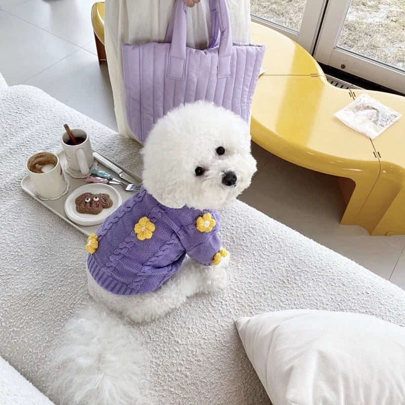 Warm Flower Dog Clothes Fashion Purple Dog Clothes Pet Sweaters Autumn Dog Warm Clothes Teddy Knits Softer than Bears Sweaters