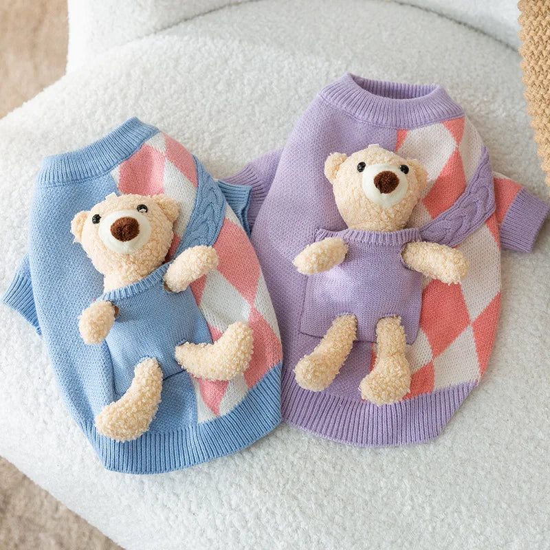 Thick Warm Korean Style Dog Sweater Blue Purple Pocket and Bear Pattern Pet Cat Dog Clothes for Autumn and Winter