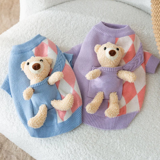 Thick Warm Korean Style Dog Sweater Blue Purple Pocket and Bear Pattern Pet Cat Dog Clothes for Autumn and Winter